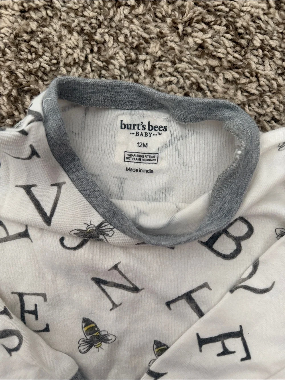 Burt's Bees White Alphabet & Bee Pajama Set with Gray Trim